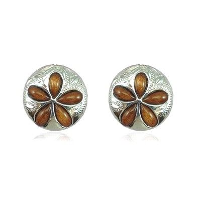 Sterling Silver 15MM Hawaiian Koa Wood Sand Dollar Shaped Plumeria Pierced Earrings 
