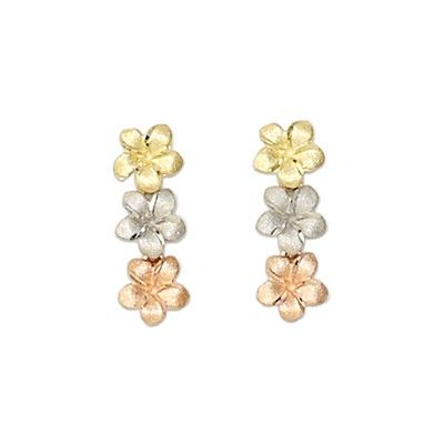 14kt Tri-color Gold Triple 7MM Plumeria Earrings