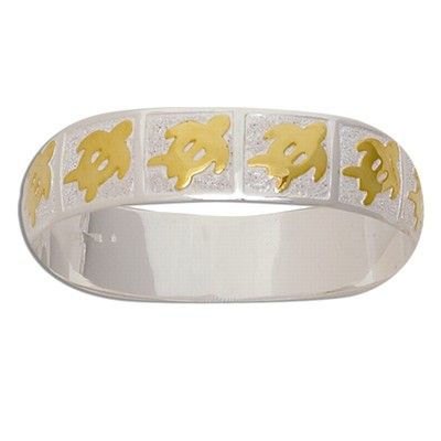 Sterling Silver Two Tone 15mm Hawaiian HONU Design with Plain Edge Bangle