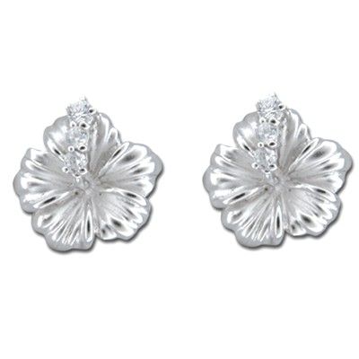 Sterling Silver 15MM Hawaiian Hibiscus with Clear CZ Earrings (L)