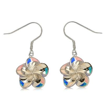 Sterling Silver 18mm Hawaiian Plumeria with Rainbow Opal Earrings with Fish Wires