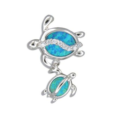 Sterling Silver Hawaiian Mother and Baby Honu Blue Opal Pendant