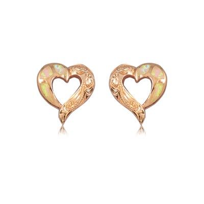 Sterling Silver Hawaiian Cut-Out Heart Pink Opal Pierced Earrings 