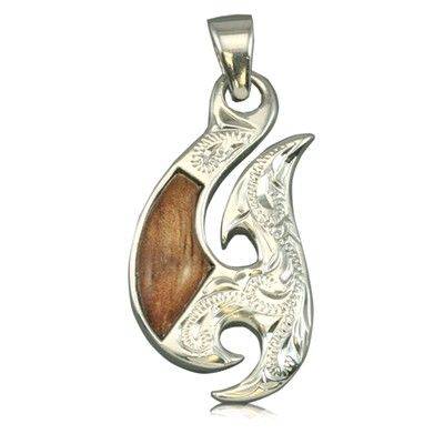 Sterling Silver Hawaiian Men Style Koa Wood Fish Hook Pendant by