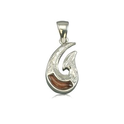 Sterling Silver Hawaiian Koa Wood Two Side Engraved Fish Hook Pendant