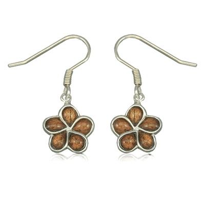 Sterling Silver Hawaiian Koa Wood Plumeria Fish Wire Earrings