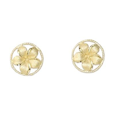 14KT Yellow Gold 10mm Plumeria in Circle Pierced Earrings