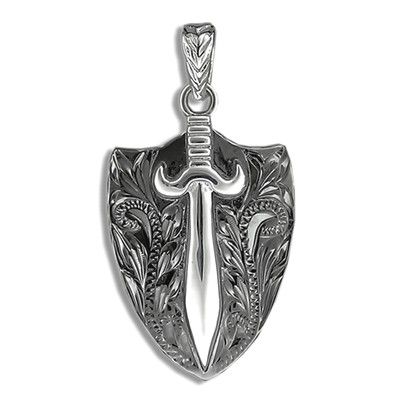 Fine Engraved Sterling Silver Men's Hawaiian Sword with Black Shield Pendant