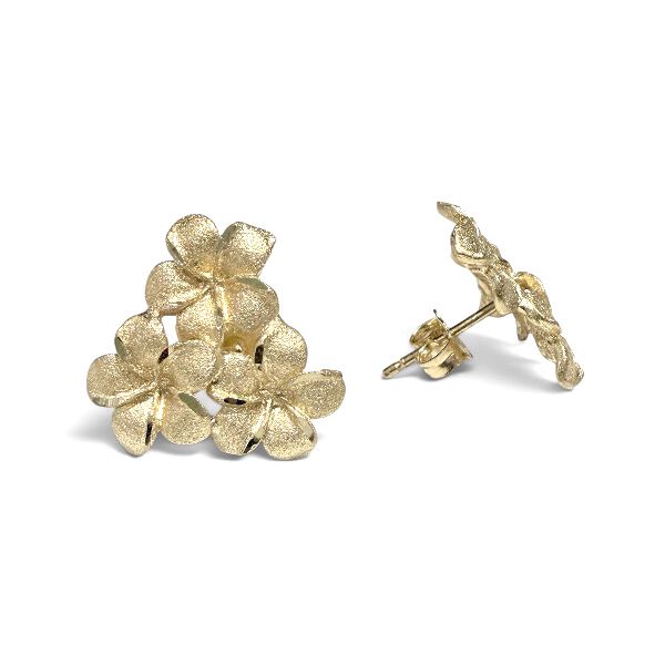 14KT Yellow Gold 8mm Plumeria Blossoms Pierced Earrings