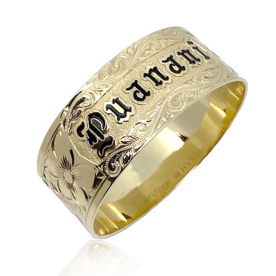 14K Yellow Gold Custom Hawaiian 25mm Bangle Bracelet with Double Plumeria Design