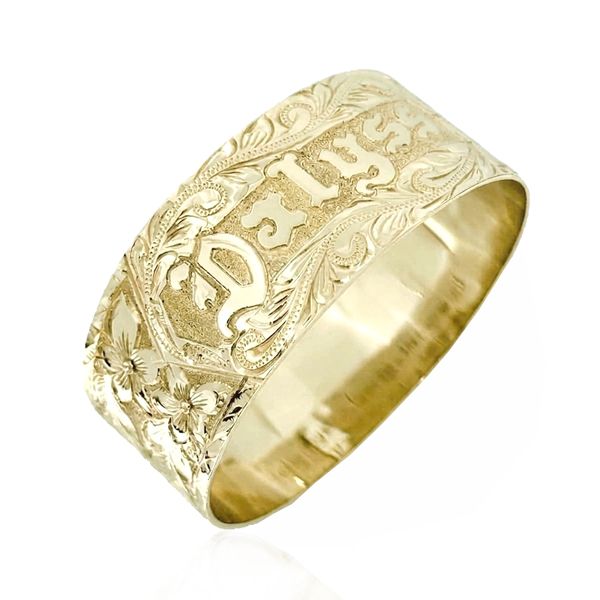 14K Yellow Gold Custom Hawaiian 25mm Bangle Bracelet with Double Plumeria and Maile Leis Design