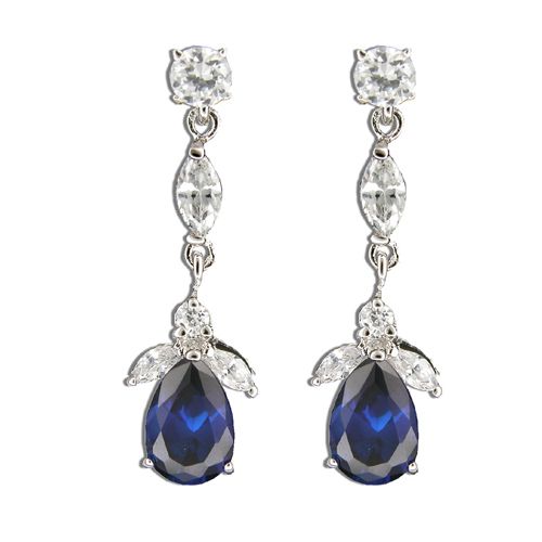 Sterling Silver Dangling Angel with Clear and Sapphire Blue CZ Post Earrings 