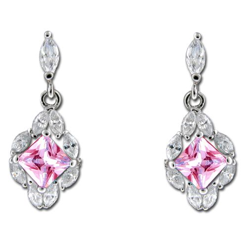 Sterling Silver CZ Leis with Oval Shaped Tourmaline Pink CZ Drop Earrings 