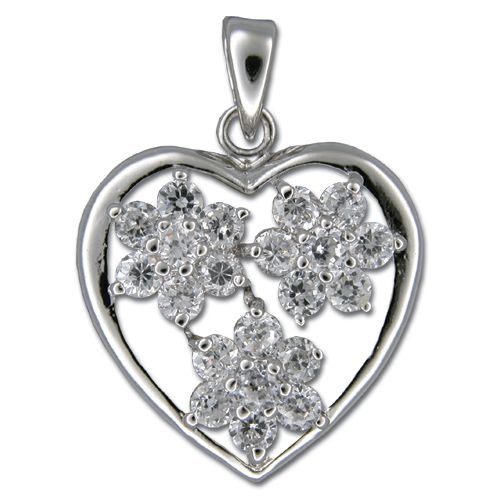 Sterling Silver Triple Flowers with Clear CZ Heart Pendant 