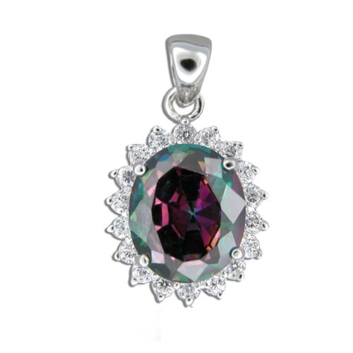 Sterling Silver Oval Shaped Mystic Topaz Color CZ with Clear CZ Pendant 